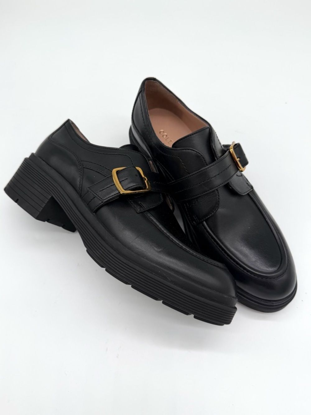 Cole Haan Black Leather Carlitta Monk Strap Loafer with Gold Buckle - Picture 3 of 8